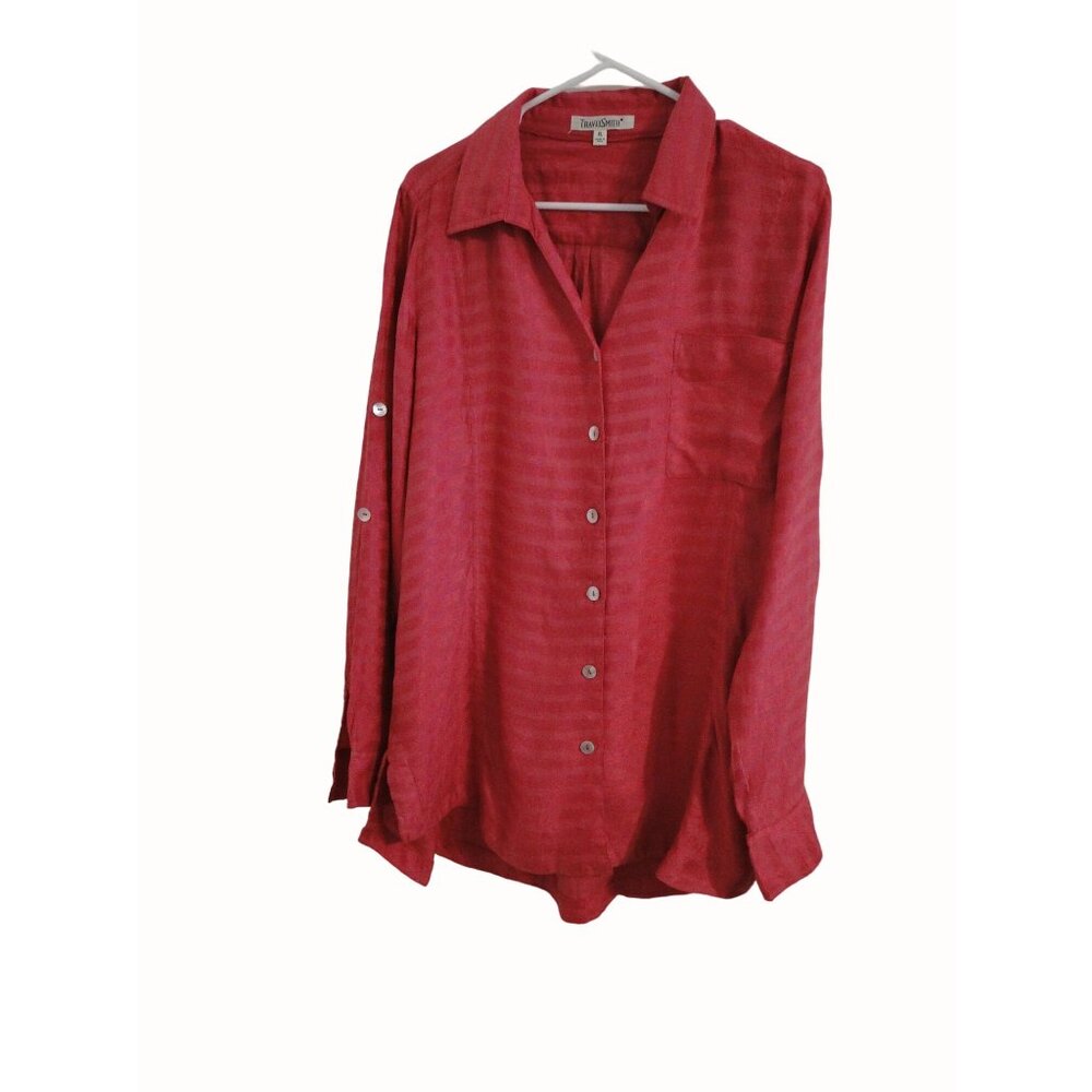 TravelSmith Womens XL Tunic Blouse Pink Button Front Pocket Rayon Linen High Low - Picture 5 of 11